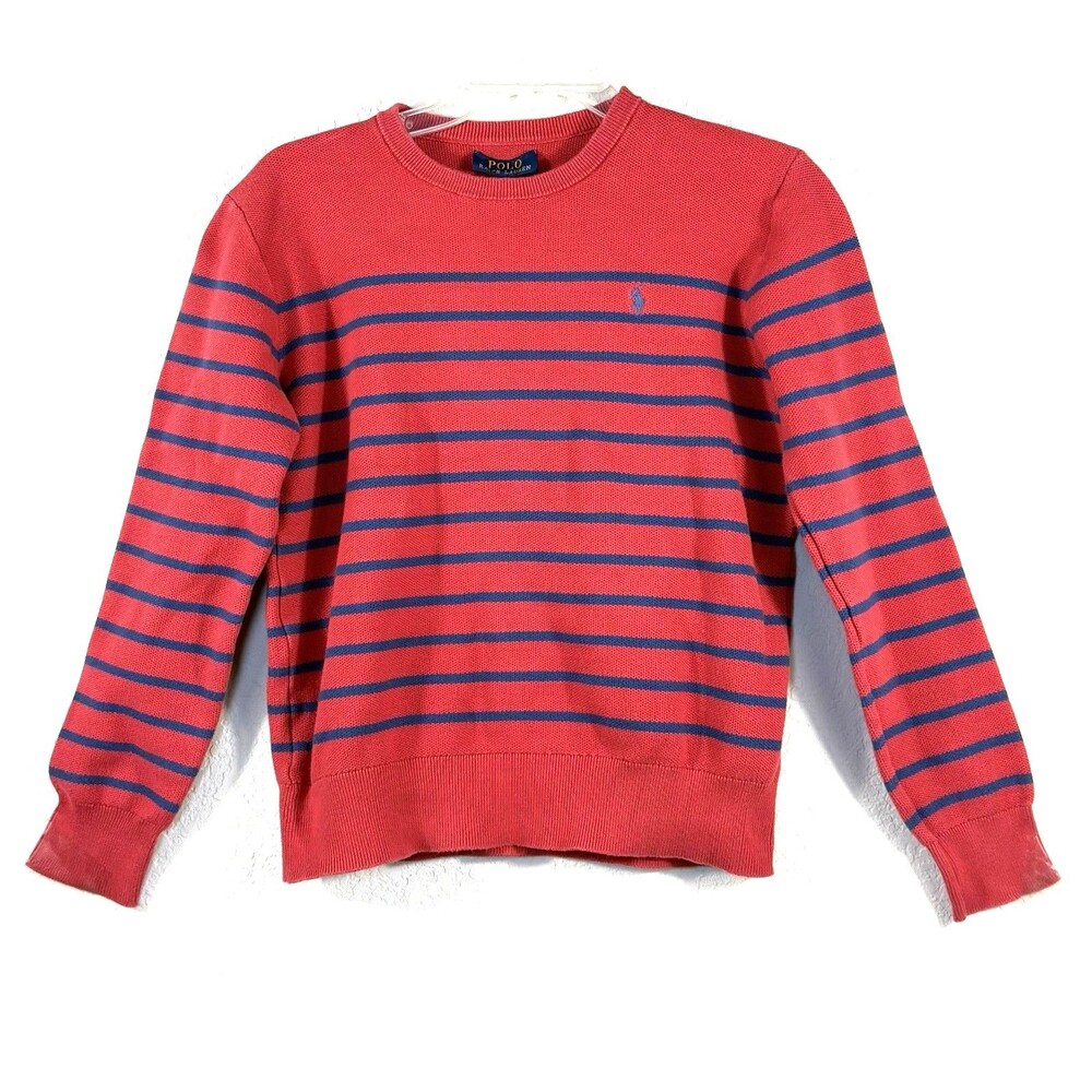 Polo Ralph Lauren Sweater Boys Large 18-20 Navy Blue Striped Crewneck Pony Logo